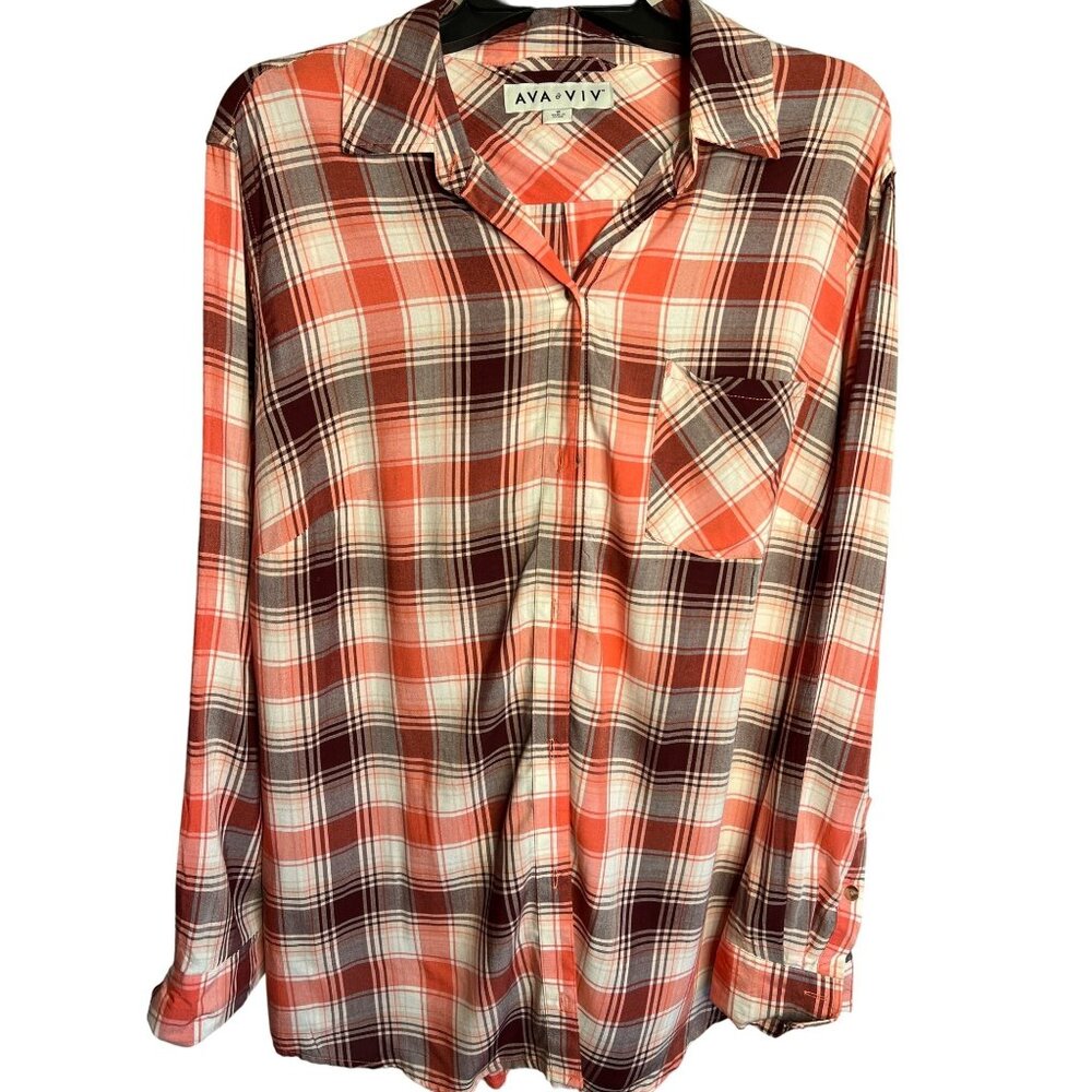 Ava & Viv Women's Plaid Button-Down Shirt Size 1X Long Sleeve Red-White-Brown - Picture 1 of 10
